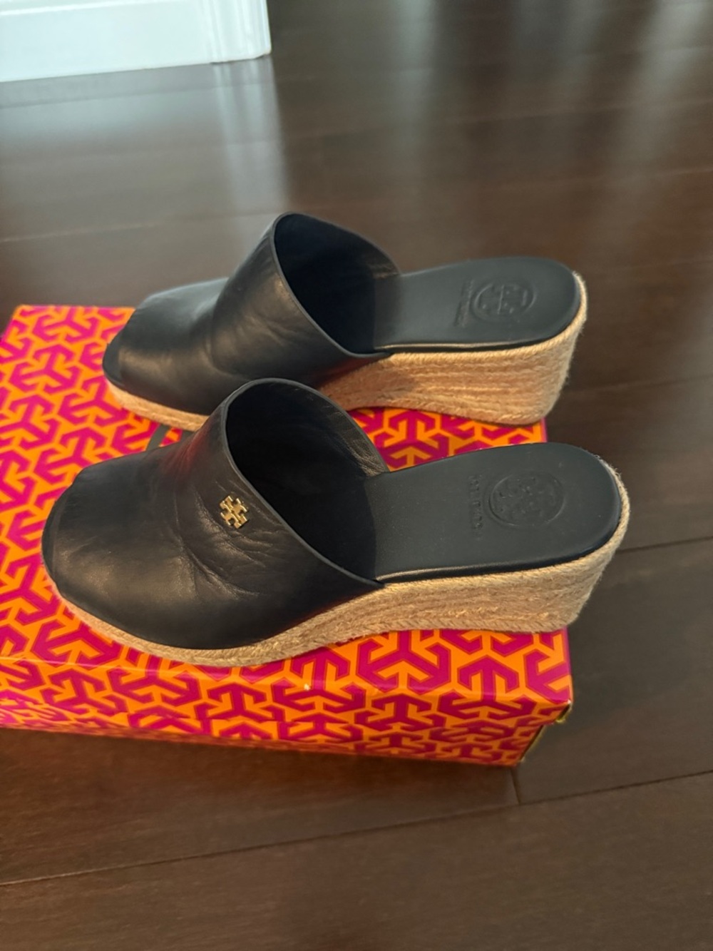 Tory Burch Navy Leather Espadrille Wedge Mules with Gold Logo Accent